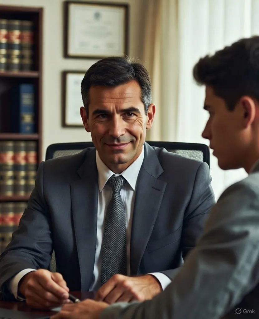 Attorney in serious discussion with client in private office, legal documents spread across desk