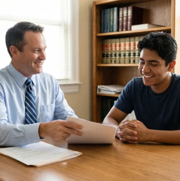 Attorney reviewing police reports and dashcam footage at desk with legal books, warm office lighting